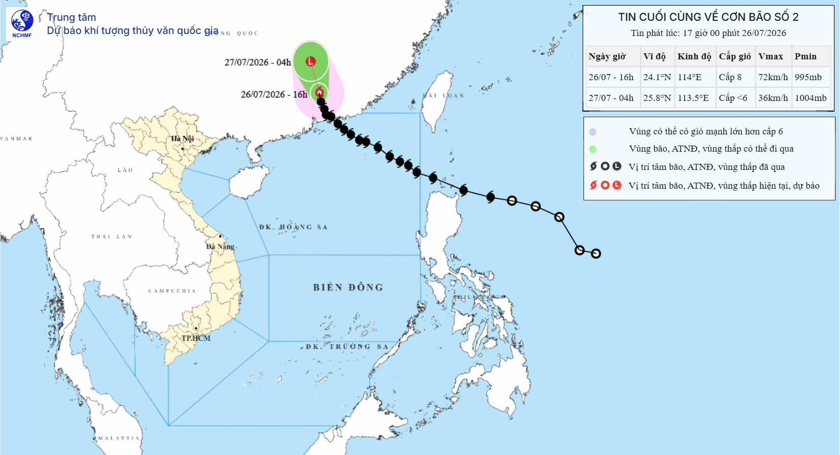 TIN CUỐI CÙNG VỀ CƠN BÃO SỐ 2 ( Hồi 17h ngày 26/7/2026)
