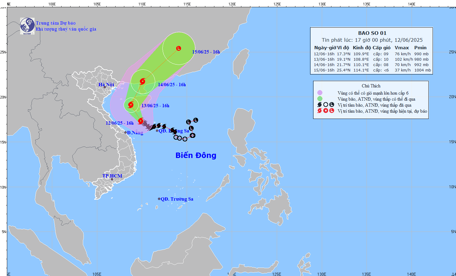 TIN BÃO TRÊN BIỂN ĐÔNG (CƠN BÃO SỖ 01) HỒI 16h00 NGÀY 12/6/2025