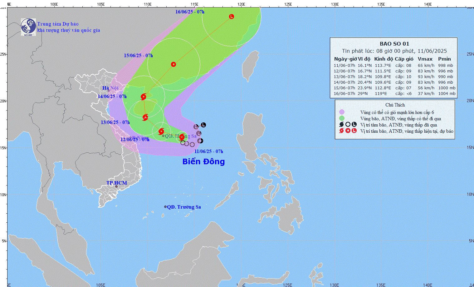 TIN BÃO TRÊN BIỂN ĐÔNG (CƠN BÃO SỖ 1) HỒI 07h00 NGÀY 11/6/2025