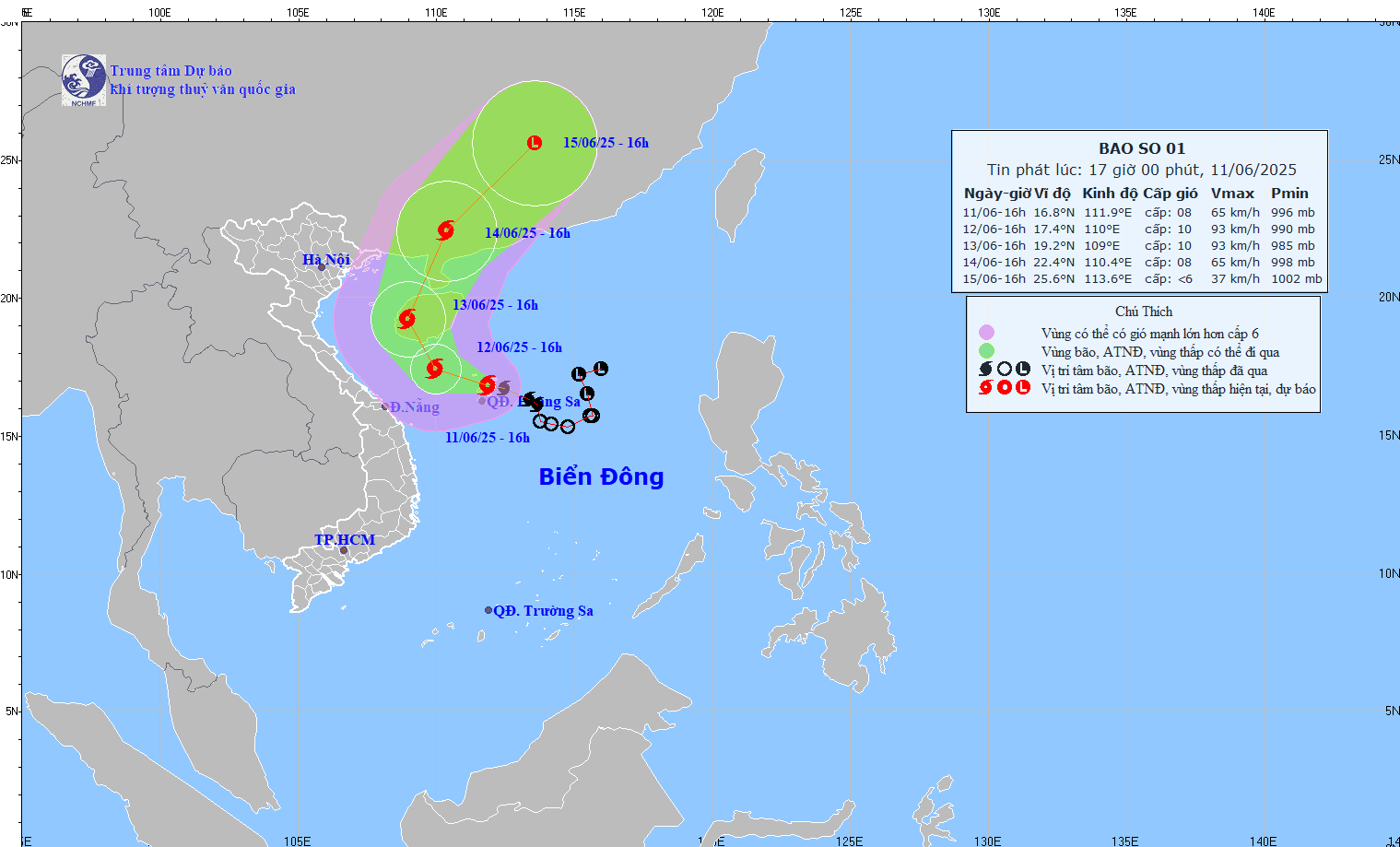 TIN BÃO TRÊN BIỂN ĐÔNG (CƠN BÃO SỖ 01) HỒI 16h00 NGÀY 11/6/2025