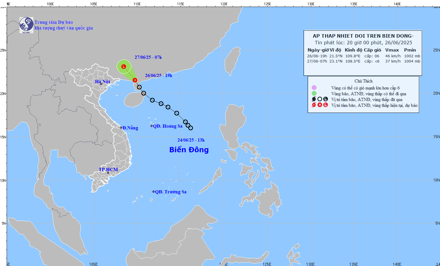 TIN ÁP THẤP NHIỆT ĐỚI TRÊN BIỂN ĐÔNG HỒI 19h00 NGÀY 26/6/2025