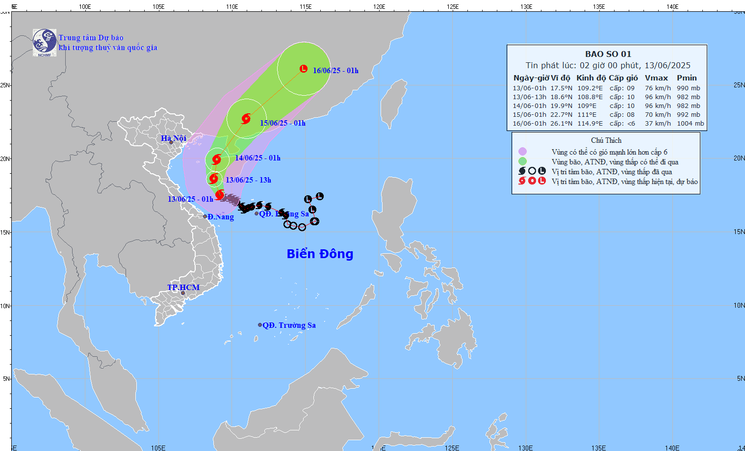 TIN BÃO TRÊN BIỂN ĐÔNG (CƠN BÃO SỖ 01) HỒI 01h00 NGÀY 13/6/2025