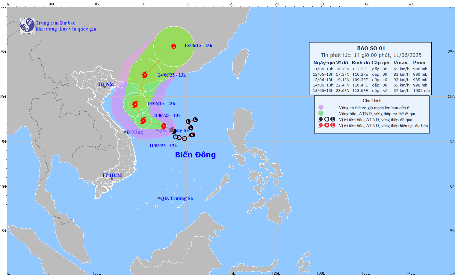 TIN BÃO TRÊN BIỂN ĐÔNG (CƠN BÃO SỖ 1) HỒI 14h00 NGÀY 11/6/2025