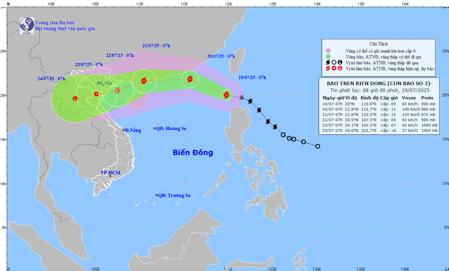 TIN BÃO TRÊN BIỂN ĐÔNG (CƠN BÃO SỐ 03) - hồi 07h00 ngày 19/7/2025)