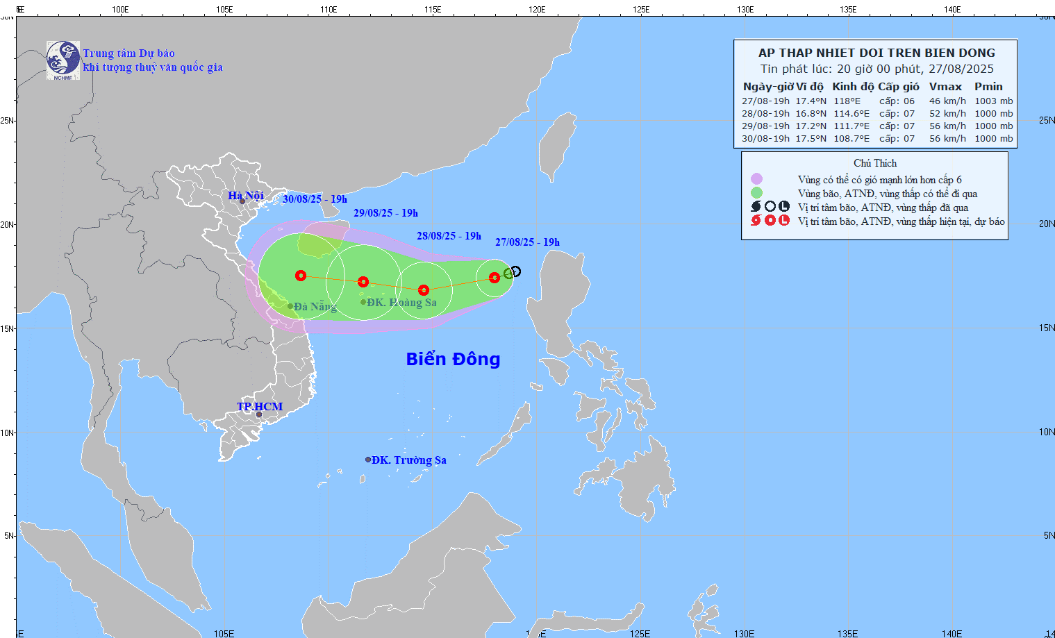TIN ÁP THẤP NHIỆT ĐỚI TRÊN BIỂN ĐÔNG ( Hồi 19h00 ngày 27/8/2025)