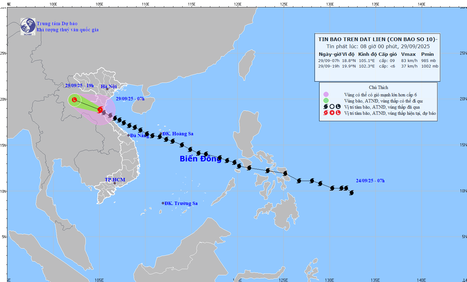 TIN BÃO TRÊN ĐẤT LIỀN (CƠN BÃO SỐ 10) HỒI 07h NGÀY 29/9/2025