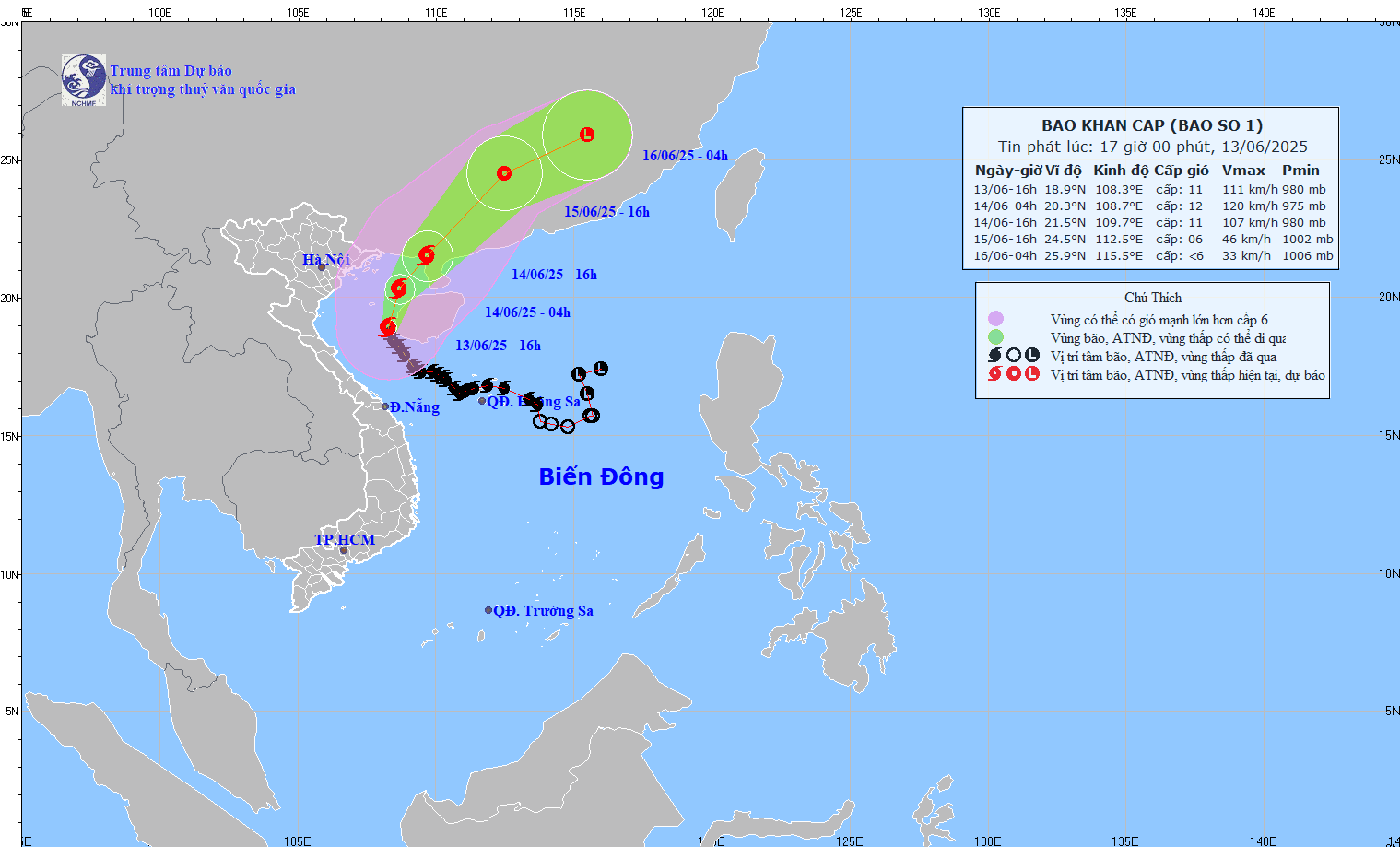 TIN BÃO KHẨN CẤP (CƠN BÃO SỖ 01) HỒI 16h00 NGÀY 13/6/2025