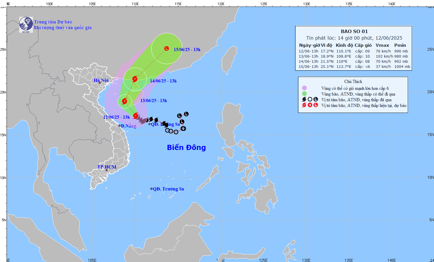 TIN BÃO TRÊN BIỂN ĐÔNG (CƠN BÃO SỖ 01) HỒI 13h00 NGÀY 12/6/2025