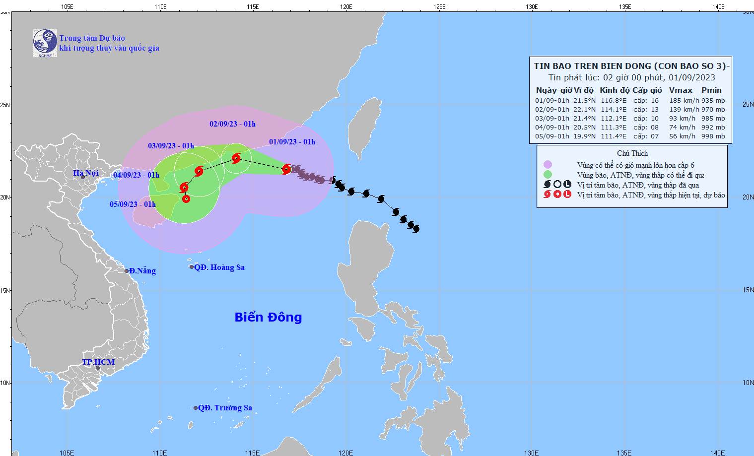 TIN BÃO TRÊN BIỂN ĐÔNG (CƠN BÃO SỐ 3) - HỒI 01h NGÀY 01/9/2023