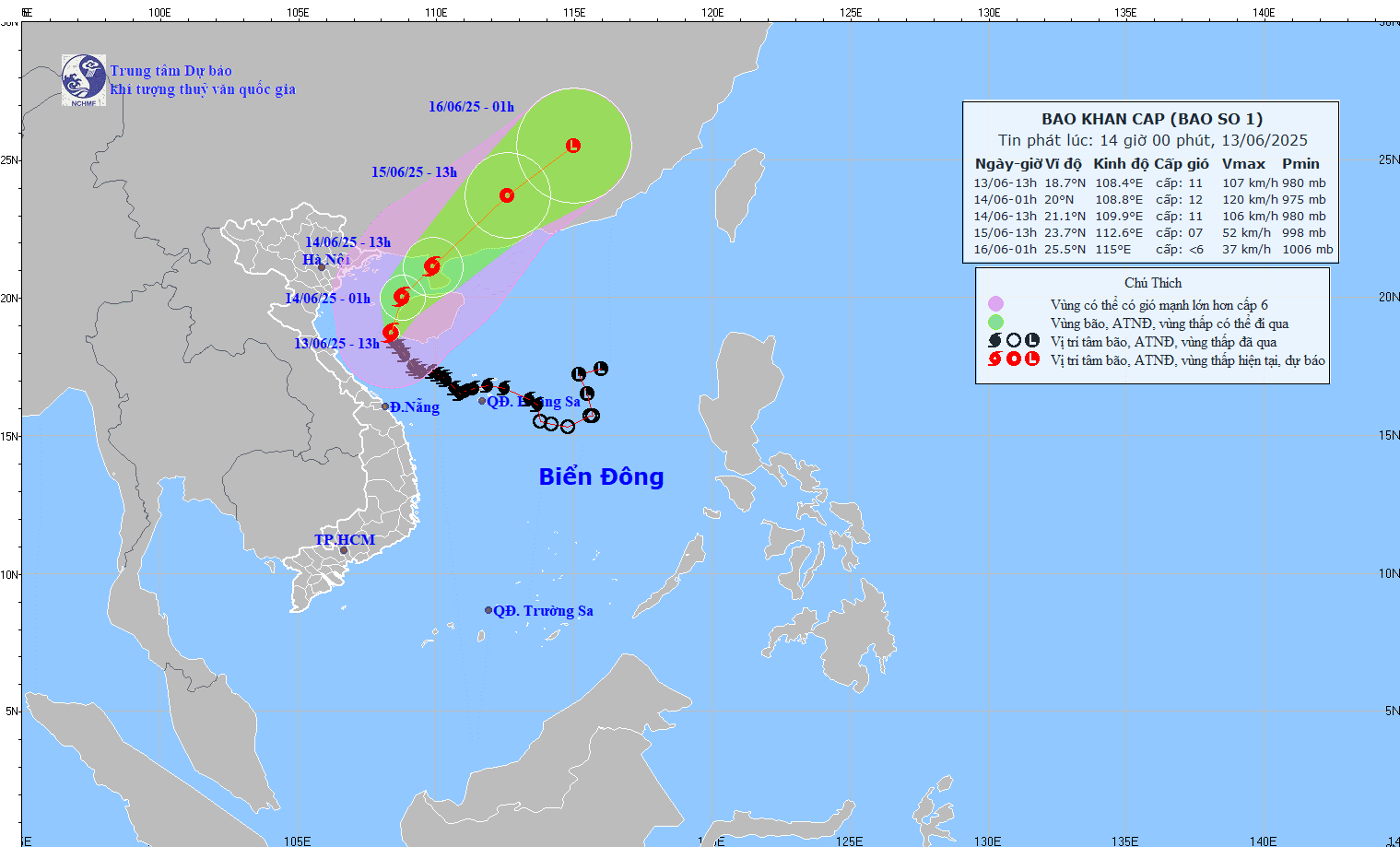 TIN BÃO KHẨN CẤP (CƠN BÃO SỖ 01) HỒI 13h00 NGÀY 13/6/2025
