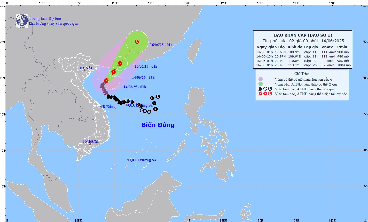 TIN BÃO KHẨN CẤP (CƠN BÃO SỖ 01) HỒI 02h00 NGÀY 14/6/2025