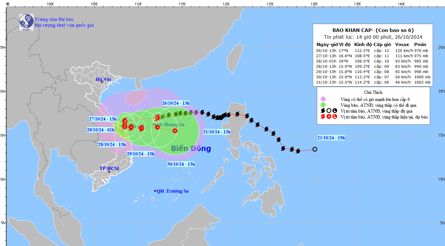TIN BÃO KHẨN CẤP (Cơn bão Số 6)- HỒI 13h00 NGÀY 26/10/2024