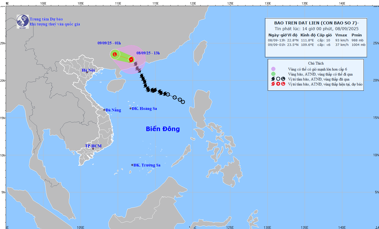 TIN BÃO TRÊN ĐẤT LIỀN (CƠN BÃO SỐ 7- HỒI 13h00 NGÀY 08/09/2025)