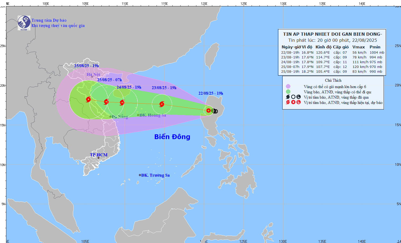 TIN ÁP THẤP NHIỆT ĐỚI GẦN BIỂN ĐÔNG (Hồi 19h ngày 22/8/2025)