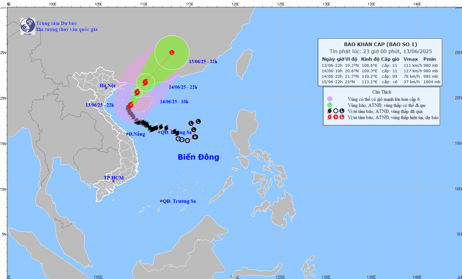 TIN BÃO KHẨN CẤP (CƠN BÃO SỖ 01) HỒI 22h00 NGÀY 13/6/2025