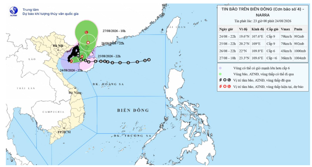 TIN BÃO TRÊN BIỂN ĐÔNG (Cơn bão số 4-Hồi 22h00 ngày 24/8/2026)
