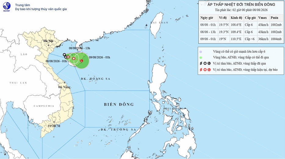 TIN ÁP THẤP NHIỆT ĐỚI TRÊN BIỂN ĐÔNG (Hồi 01h00 ngày 08/8/2026)