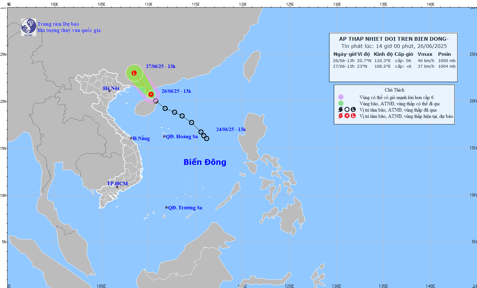 TIN ÁP THẤP NHIỆT ĐỚI TRÊN BIỂN ĐÔNG HỒI 14h00 NGÀY 26/6/2025