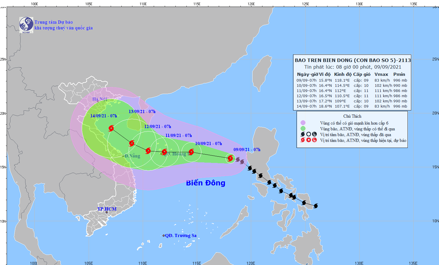 TIN BÃO TRÊN BIỂN ĐÔNG (Cơn bão số 5) hồi 07h ngày 09/09/2021