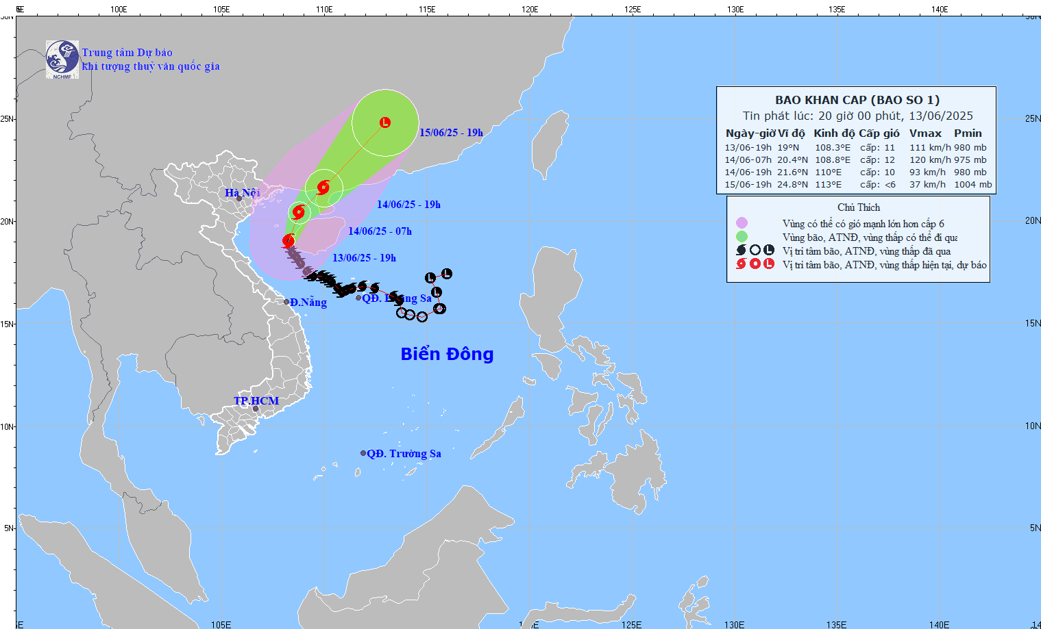 TIN BÃO KHẨN CẤP (CƠN BÃO SỖ 01) HỒI 19h00 NGÀY 13/6/2025