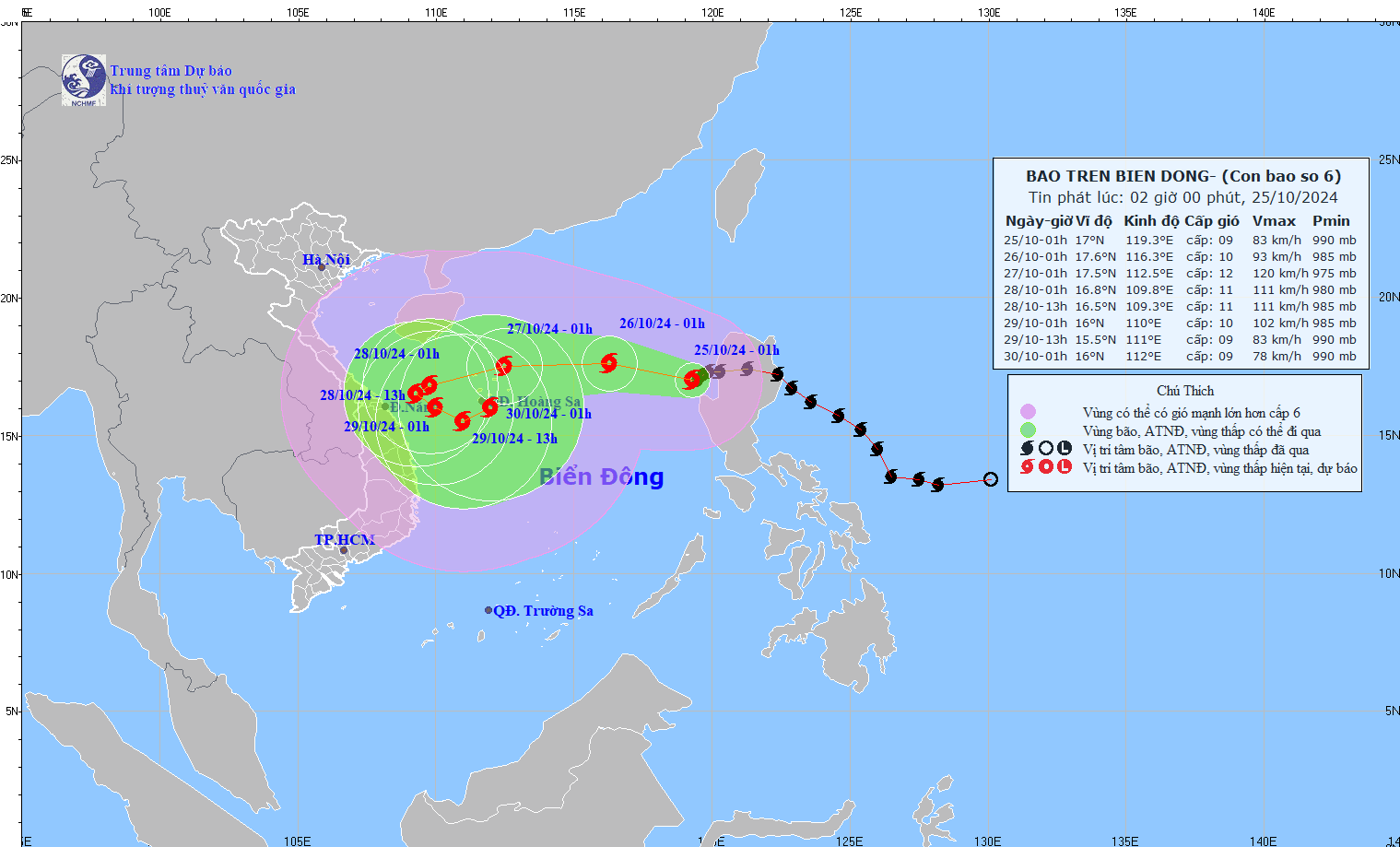 TIN BÃO TRÊN BIỂN ĐÔNG (Cơn bão Số 6)- HỒI 01h00 NGÀY 25/10/2024