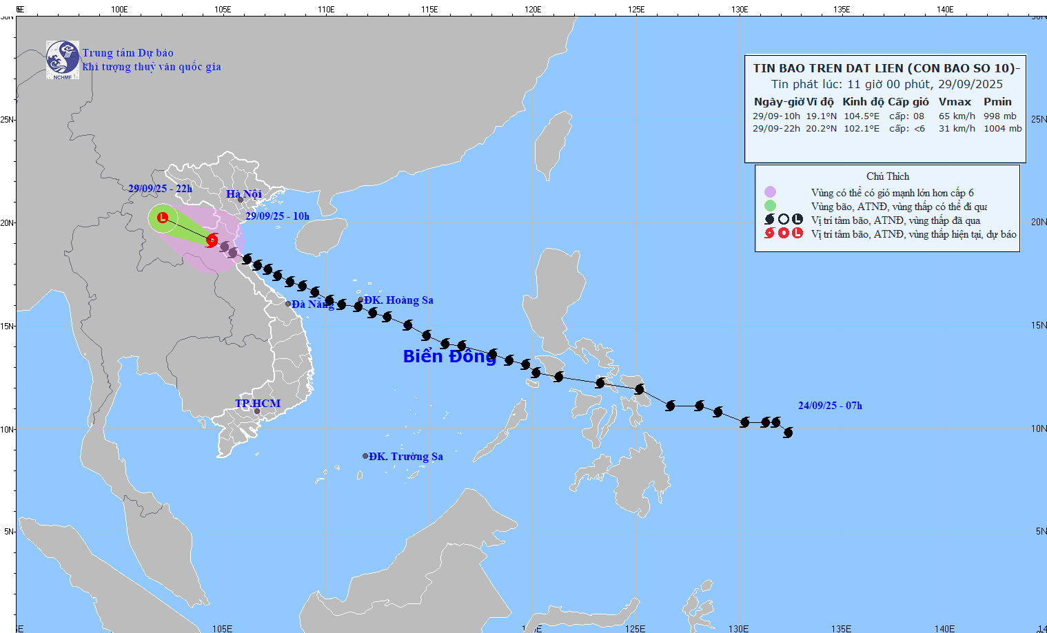 TIN BÃO TRÊN ĐẤT LIỀN (CƠN BÃO SỐ 10) HỒI 10h NGÀY 29/9/2025