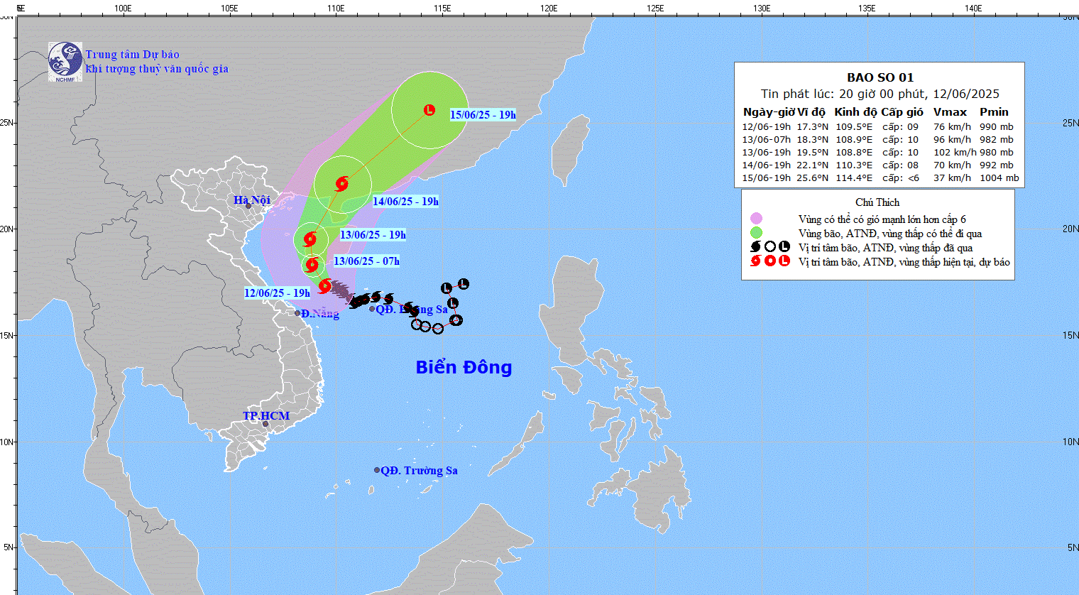 TIN BÃO TRÊN BIỂN ĐÔNG (CƠN BÃO SỖ 01) HỒI 19h00 NGÀY 12/6/2025