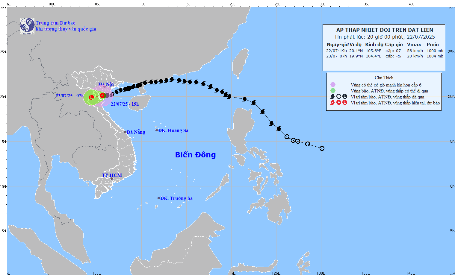 TIN ÁP THẤP NHIỆT ĐỚI TRÊN ĐẤT LIỀN (SUY YẾU TỪ CƠN BÃO SỐ 03) - hồi 19h00 ngày 22/7/2025