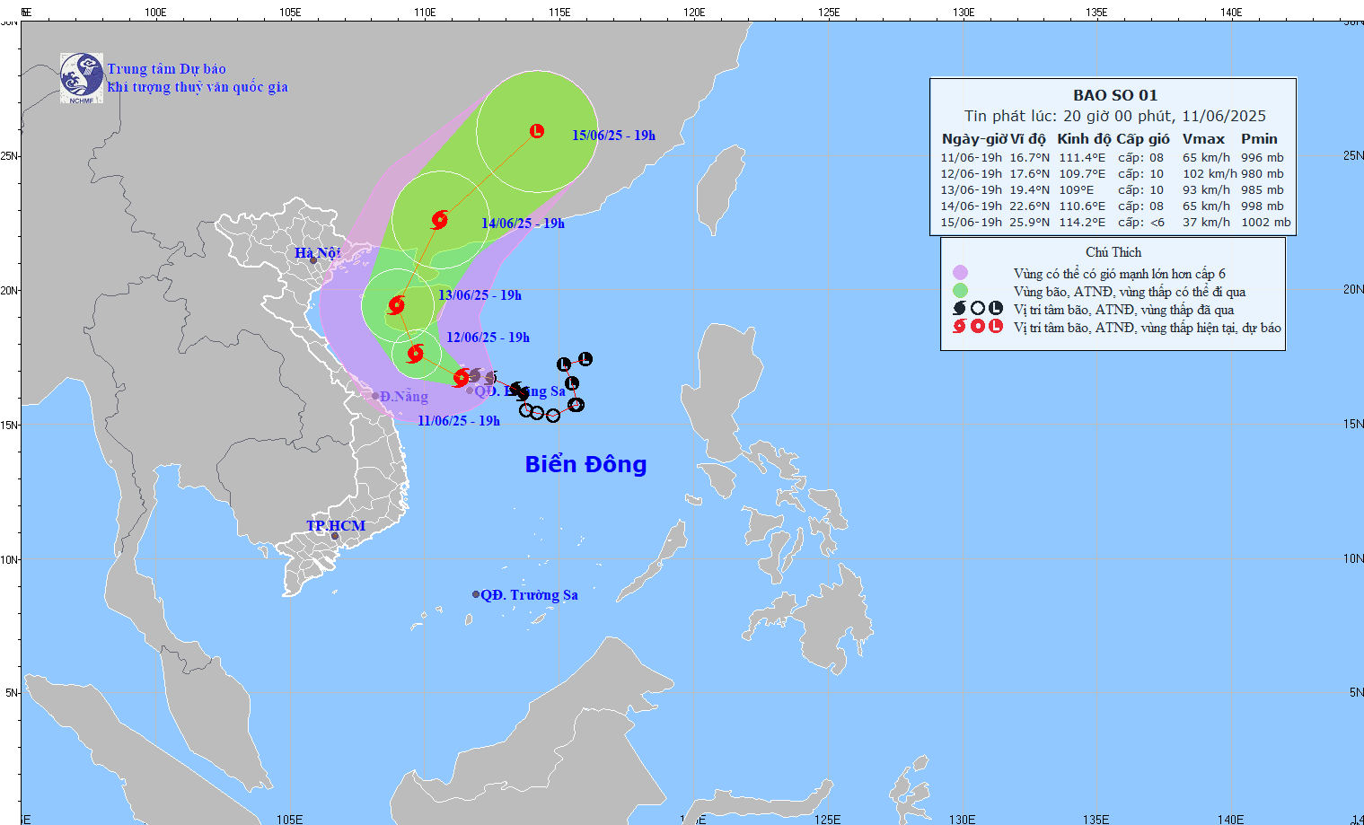 TIN BÃO TRÊN BIỂN ĐÔNG (CƠN BÃO SỖ 01) HỒI 19h00 NGÀY 11/6/2025