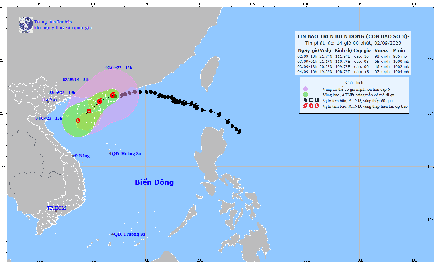 TIN BÃO TRÊN BIỂN ĐÔNG (CƠN BÃO SỐ 3) - HỒI 13h NGÀY 02/9/2023