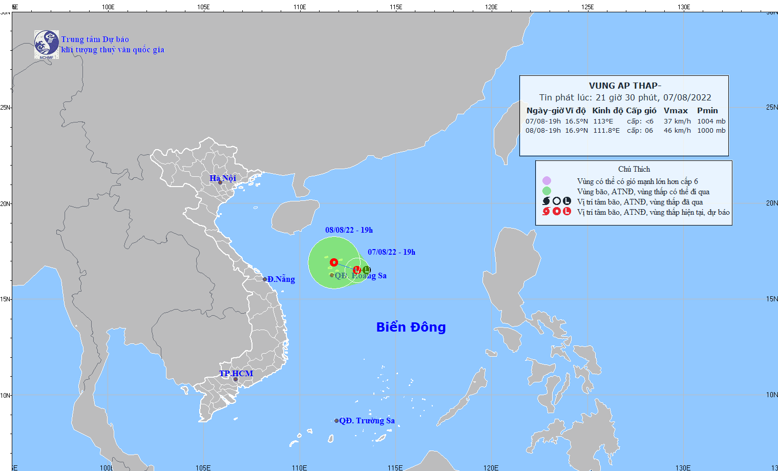 TIN VỀ VÙNG ÁP THẤP TRÊN BIỂN ĐÔNG (hồi 19h ngày 07/8/2022)